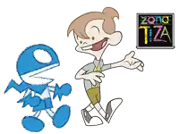 a drawing of a boy next to a sign that says tza