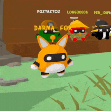 a cartoon character named darma fox is standing in a field