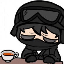 a cartoon of a person wearing a mask and goggles sitting at a table next to a cup of tea