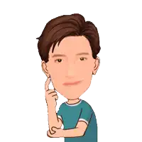 a cartoon of a man in a blue shirt with his hand on his chin