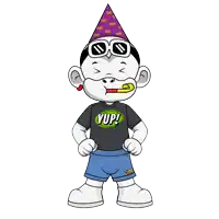 a cartoon character is wearing a shirt that says yup on it