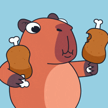 a cartoon of a capybara holding chicken legs