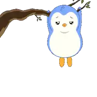 a penguin is hanging from a tree branch with the words hang in there