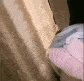 a person is standing in front of a curtain in a room with a pink helmet on .
