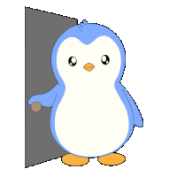 a blue and white penguin is standing behind a door