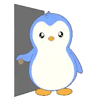 a blue and white penguin is standing behind a door