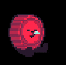 a pixel art drawing of a red object with a face
