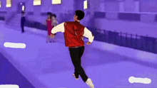 a man in a red jacket is skating on a purple ice rink