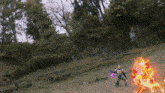 a person standing in a field with fire coming out of their feet