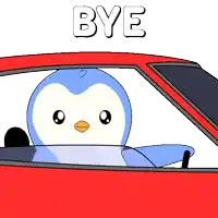 a cartoon penguin is driving a red car and the word bye is above him