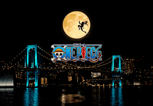 a picture of a bridge with the one piece logo in front of it