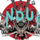 a drawing of a samurai skull with the word ndui written in blue