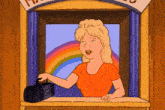 a cartoon of a woman holding a radio in front of a window with a sign that says mcdonald 's on it