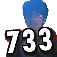 a man with glasses and the number 733 on his face