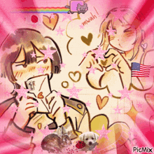 a drawing of a girl and a boy with the word mwah on the bottom right