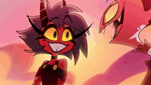 a cartoon character with horns is smiling and looking at another character