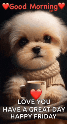 a puppy is holding a cup of coffee with a red heart on it
