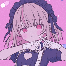 a girl with pink hair and red eyes is making a thumbs down sign