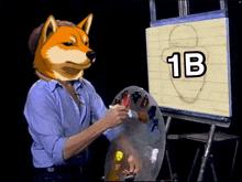 a man with a dog 's head is painting on an easel with 1b written on it