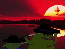 two frogs holding swords in front of a sunset with an ethereum logo in the background