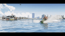 a man and a woman ride a jet ski in the ocean