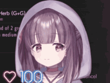 a girl with purple hair is wearing a white hoodie and has a heart next to her with the number 100 on it