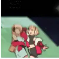 a blurry picture of two anime characters standing next to each other on a field .