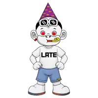 a cartoon monkey wearing a party hat and sunglasses is wearing a white shirt that says late