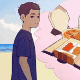a cartoon of a man standing in front of a box of food