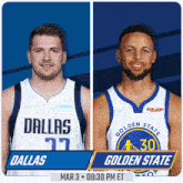 two basketball players from dallas and golden state are on a poster