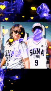 a man and a woman wearing sona uno jerseys pose for a photo