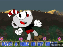 a cartoon character with a red and white striped hat and the words have a hole in my brain below him