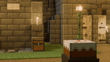 a minecraft scene with a cake and a lantern