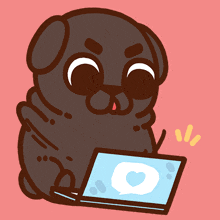 a pug dog is sitting in front of a laptop with a heart on it