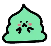a cartoon drawing of a green poop with a sad face on it