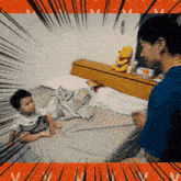 a little boy sitting on a bed with a winnie the pooh stuffed animal on the headboard