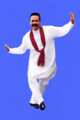 a man with a mustache is wearing a white shirt with a red belt around his waist