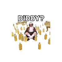 a man is sitting in a pile of gold bottles with the word diddy written above him