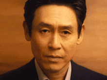 a close up of a man 's face with a serious expression