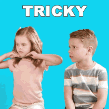 a boy and a girl are sitting next to each other and the word tricky is on the blue background