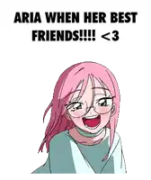 a cartoon of a girl with pink hair and glasses says aria when her best friends