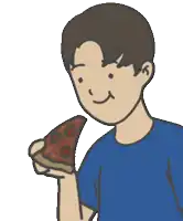 a boy in a blue shirt is holding a slice of pizza in his hand