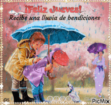 a picture of a boy and girl under an umbrella with feliz jueves in red letters