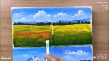 a painting of a field of flowers and a lake is made by wow art