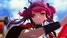 a screenshot of a video game shows a girl with pink hair saying not bad