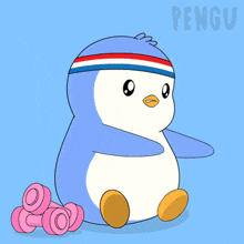 a penguin wearing a headband and dumbbells with the word penguin behind it