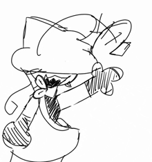 a black and white drawing of a person with a hat and tie
