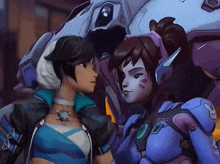 a couple of cartoon characters are standing next to each other .