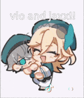 a cartoon of a girl carrying a boy on her back with the words vio and jaxx written on it .