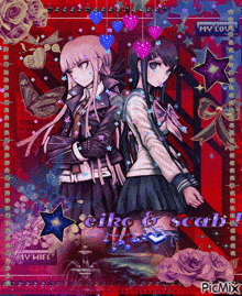 a picture of two anime girls with the words " eiko & scary " on the bottom right
